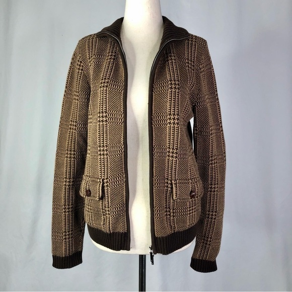 Lauren Ralph Lauren brown plaid zip front cotton sweater S - Picture 2 of 10